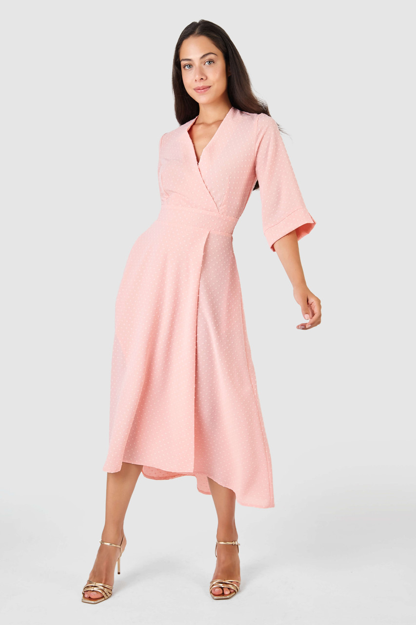 Blush Pink High-Low Wrap Midi Dress